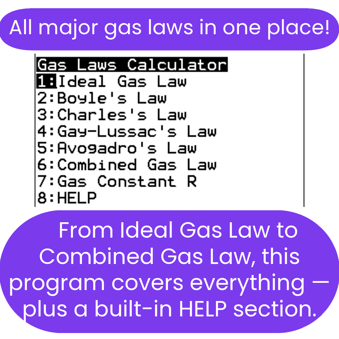 Promotional image for a TI-84 Plus CE Calculator Program that includesGas Laws Calculator with features listed such as Boyle's Law, Charles's Law, and more, with a purple background.
