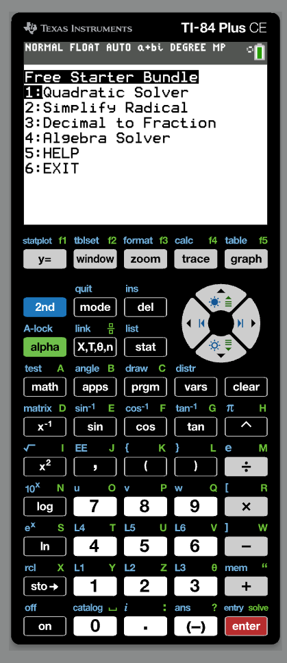 TI-84 Plus CE Free Starter Bundle Menu