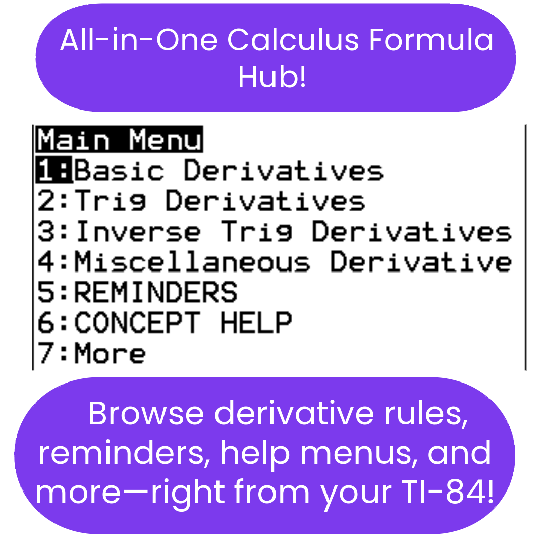 Promotional graphic for a TI-84 Plus CE Calculus Formula program, featuring a menu with links to derivative rules, reminders, and more.