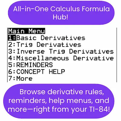 TI-84 Plus CE AP Calculus Formula Program (Derivatives + Integrals + BC Topics)